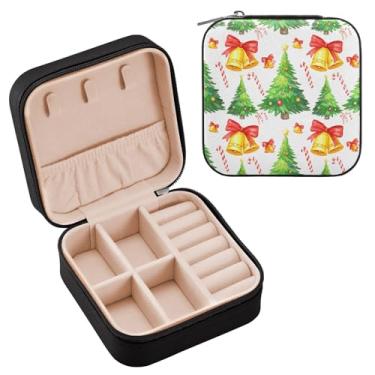 Imagem de Wassud Caixa de joias de viagem para árvore de Natal e sinos para mulheres, meninas, senhoras, noiva, mini organizador de joias de couro PU, caixa quadrada de armazenamento de joias para brincos