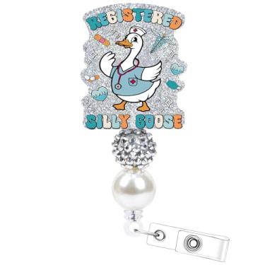 Imagem de Carretéis retráteis de crachá de ganso engraçados - Aposwow Silly Gose porta-crachás com clipe jacaré com glitter para enfermeiras de enfermagem, CNA RN, médicos, estudante, escritório, assistente