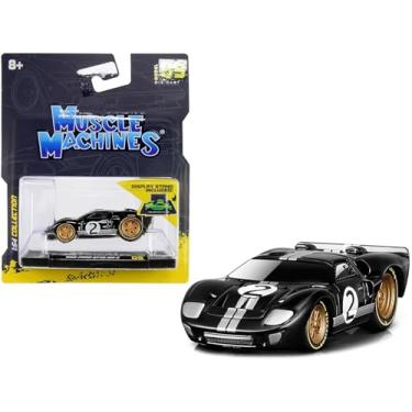 Imagem de Muscle Machines 1966 Ford GT40 MKII #2 Black with Silver Stripes and Gold Wheels 1/64 Diecast Model Car