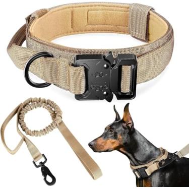 Imagem de Kit Tático Militar para Cães, Coleira Ajustável em Nylon 1680D com Forro Acolchoado e Guia Retrátil 97-142cm, para Treinamento e Passeio (bege)