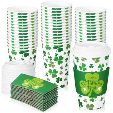 Imagem de Jingmore Pacote com 60 xícaras de café descartáveis do Dia de São Patrício com tampas e mangas 473 ml, copos de papel de trevo verde, copos descartáveis para festas de fim de ano irlandeses