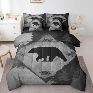 Imagem de Conjunto de cama de 7 peças, estampa de animal selvagem, urso, selvagem, silhueta preta, para crianças, adolescentes e adultos (edredom, lençol de cima, lençol com elástico, 2 fronhas, 2 fronhas