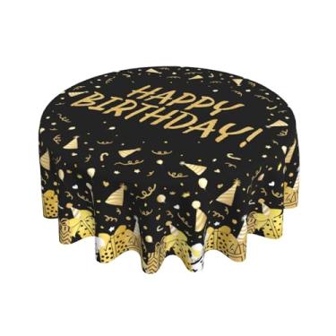 Imagem de Aytipun Toalha de mesa redonda de aniversário, 178 cm, caixa de presente dourada, preta, impressão, tema de feliz aniversário, toalha de mesa decorativa, sazonal, festiva, rústica, casa de fazenda