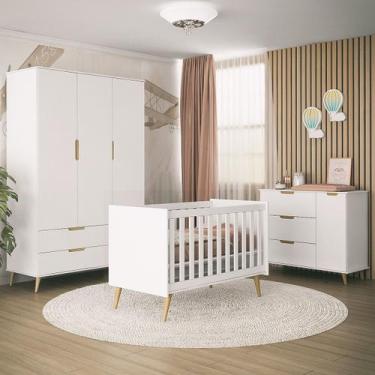 Imagem de Kit Quarto Bebê Retrô Melinda Branco Roupeiro + Cômoda + Berço Mini Ca