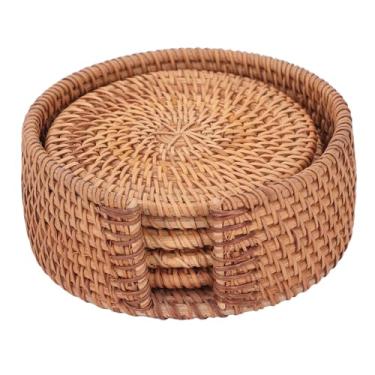 Imagem de Phefop Conjunto de Porta-Copos de Vime Tecido à Mão de 5 Unidades, Almofadas Quentes Redondas Naturais de 10 Cm para Copos, Pratos, Talheres Rústicos Elegantes, Protetores Isolados