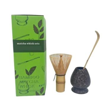 Imagem de Conjunto De Matcha Em Bambu 3 Peças Batedor De Cerâmica Colher De Chá 