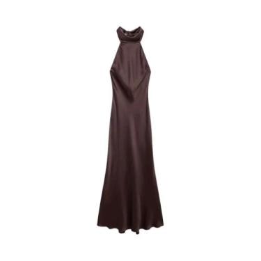 Imagem de Vestido Longo De Cetim Feminino Com Decote Halter, Costas Abertas, Laç