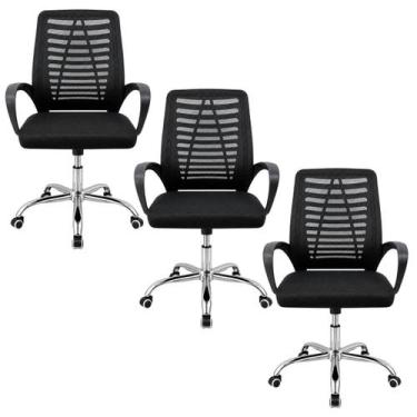 Imagem de Kit 3 Cadeiras Escritório Mesh Alto Conforto Ergonômica Ajustável Pret