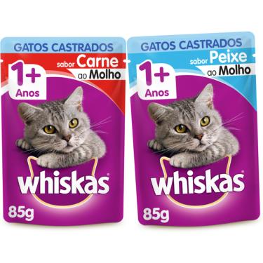 Imagem de Whiskas Sachê Gatos Adultos Castrados Carne + Peixe - 12 Unidades