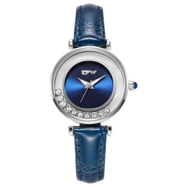 Imagem de YingHwa Relógios femininos, relógios femininos elegantes de cristal embutidos, relógios femininos de couro de quartzo à prova d'água/malha de aço inoxidável, relógios de moda para casais, Pulseira de couro azul