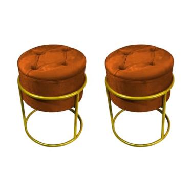 Imagem de Kit 2 Puffs Decorativos Redondo Com Capitonê Base De Ferro Dourada Tecido Veludo Terracota