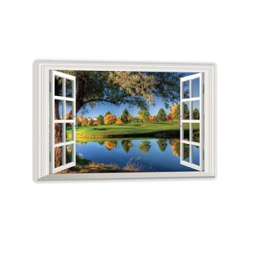 Imagem de MOBYAT Pintura de paisagem moldura de janela lago pacífico árvores grandes rio limpo natureza florestas janela criativa decoração de parede 75x50cm (30x20in) moldura interna