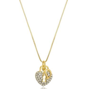 Imagem de Colar Coração De Cadeado Com Detalhes Em Zircônia E Inicial Folheada Em Ouro 18k