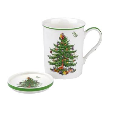 Imagem de Spode Conjunto de caneca e porta-copos de árvore de Natal de 400 ml - Caneca de cerâmica com porta-copos para chá, café, chocolate quente - Porcelana fina, lavável na lava-louças e no micro-ondas -