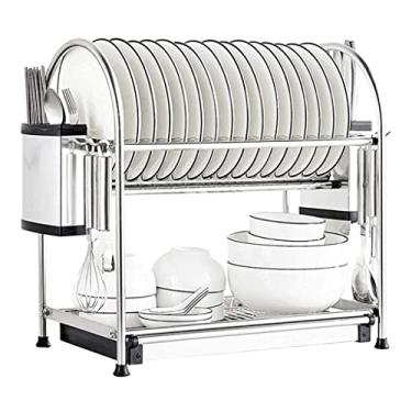 Imagem de BSNANCA Escorredor de louça, escorredor de pratos, escorredor de pratos, prateleira de aço inoxidável, suporte de talheres de 2 camadas, suporte de utensílios com placa de drenagem/suporte de