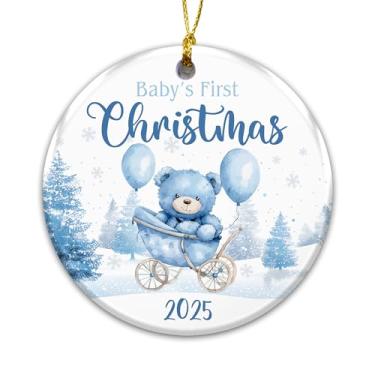 Imagem de Primeiro enfeite de Natal do bebê 2025 – Enfeite de urso de pelúcia para menino recém-nascido – Primeira decoração de árvore de Natal do bebê, lembrança de pendurar redonda de cerâmica, lembrança de