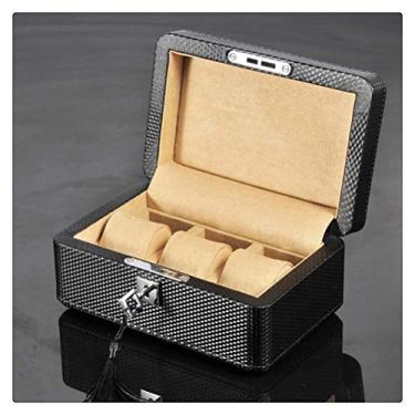 Imagem de Caixa de armazenamento de relógio de fibra de carbono preta PU couro organizador de exibição de relógio com cadeado moda homens/mulheres joias caixas de presente (cor: amarelo)