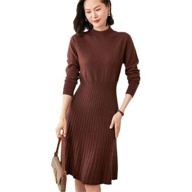 Imagem de Senhoras vestido 100% cashmere nitting vestidos moda inverno o nec vestido feminino, café, m