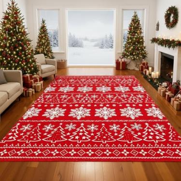 Imagem de Drydiet Tapete de área de Natal 1,5 x 2,1 m, tapetes laváveis para sala de estar, floco de neve e árvore de Natal, decoração de Natal, tapete antiderrapante para quarto, cozinha, escritório, sala de