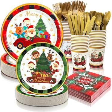 Imagem de LFSTGN Conjunto de pratos e guardanapos de papel de Natal com 175 peças, inclui pratos descartáveis de Natal, pratos de sobremesa, copos, facas douradas, garfos, colheres, conjunto de louça