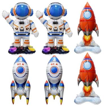 Imagem de 6 balões espaciais foguete de astronauta Mylar para decorações de festa de aniversário temáticas de galáxia do espaço sideral