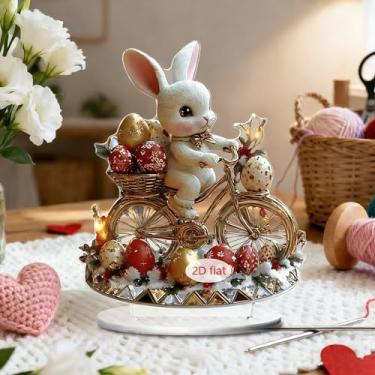 Imagem de 1 peça de enfeite de acrílico de coelhinho de ciclismo de Páscoa, desenho animado de coelho com ovos gradientes, design de impressão HD dupla face para decoração de mesa de escritório, decoração de