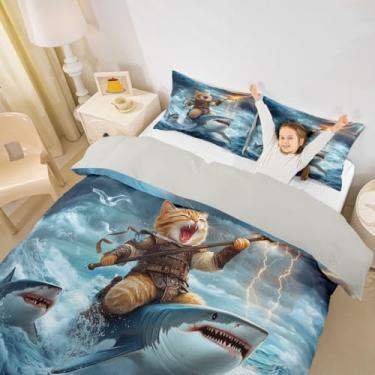 Imagem de Conjunto de capa de edredom infantil de gato legal, tamanho Queen, gaivota, tubarão, mar, oceano, animal, meninas, meninos, decoração de quarto, decoração de quarto de fantasia, azul e amarelo, 2