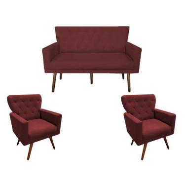 Imagem de Kit Namoradeira + 2 Poltronas Decorativa Aurora Suede Marsala Pés Made