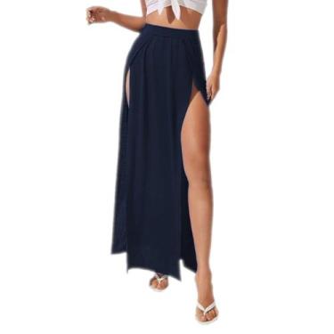 Imagem de Saia Longa com fendas laterias cós alto em Viscolycra Tribo Livre, Azu