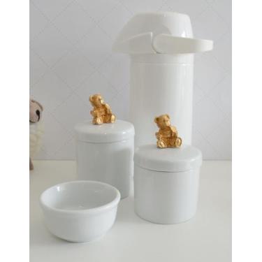 Imagem de kit Higiene Bebê Potes K022 Cotonete  Dourado Algodão Limpeza Porcelan