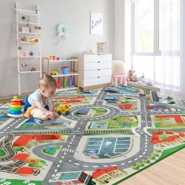 Imagem de Tapete infantil grande para sala de jogos, 152 cm x 213 cm, tapete de carro para crianças, carros de brinquedo, vida urbana com tráfego rodoviário, ótimo para quarto de crianças, quarto de brincar,