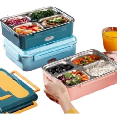 Imagem de Marmita térmica com 4 divisórias, pote em aço inoxidável com talheres incluídos. Design prático, ideal para refeições organizadas no trabalho, escola ou viagens. Conserva alimentos frescos por horas!