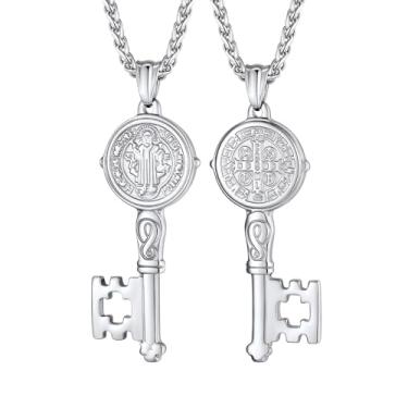 Imagem de U7 Colar de medalha de São Bento, ouro 18K ou aço inoxidável 316L, medalha sacramental cristã, joia de proteção contra o mal, presente católico para homens e mulheres, personalizável, Medium, Aço