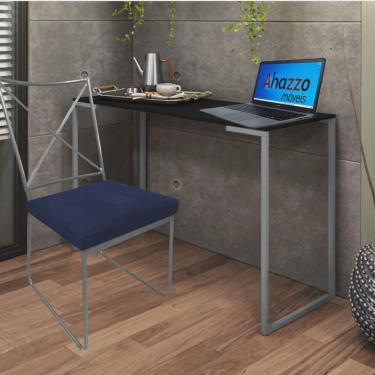 Imagem de Kit Escritório Clark Cadeira e Mesa Industrial Ferro Cinza Tampo mdf Preto Suede Azul Marinho - Ahz Móveis