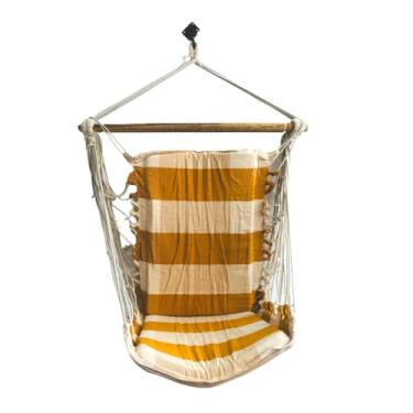 Imagem de Cadeira Suspensa Tipo Rede, Listrada Amarela e Bege, com Suporte de Madeira e Cordas Decorativas