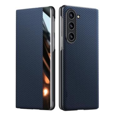 Imagem de HAO RIYLN Capa de couro genuíno para Samsung Galaxy Z Fold6, capa flip folio ultrafina com capa de textura de fibra de carbono magnética à prova de choque, azul, Z FOLD6