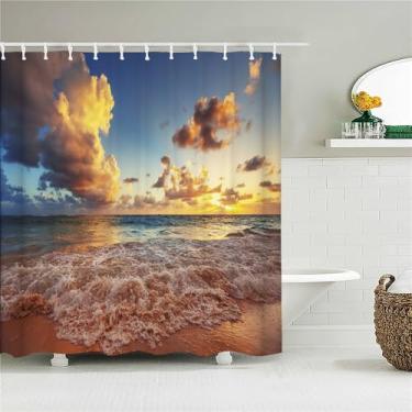 Imagem de Cortina de chuveiro de tecido Sunlight Ocean Beach Cortinas de banheiro Sunset Dusk Sea Tamanho grande 300x180CM Tela de banho com 12 ganchos, 4551ZW, L210xA180cm