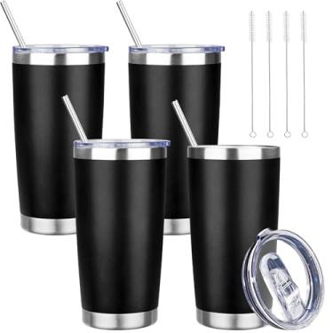 Imagem de YEBTS Life Copo de 590 ml com tampas e canudos, caneca de café de viagem com isolamento de aço inoxidável, copos isolados a vácuo de parede dupla, copo de café revestido em pó para bebidas frias e