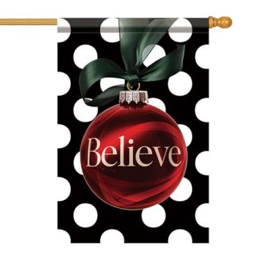 Imagem de Starlit Patio Believe Christmas House Flag 71 x 101 cm Bandeira de ornamento vermelho bandeira de jardim sazonal dupla face exterior Natal varanda decoração de gramado inverno quintal casa decoração