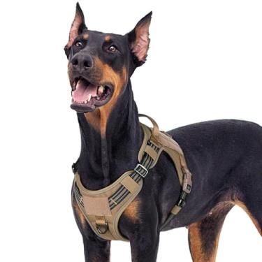 Imagem de rabbitgoo Peitoral tático para cães grandes, colete de serviço militar sem puxão, com tiras refletivas e alça de controle fácil para corrida, treinamento e caminhada - ajustável e confortável (marrom GG)