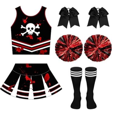 Imagem de Liitrsh Fantasia de líder de torcida para meninas, fantasia de líder de torcida, cosplay, roupa assustadora, acessórios de vestido sangrento para festa, Preto, 6-7 Anos