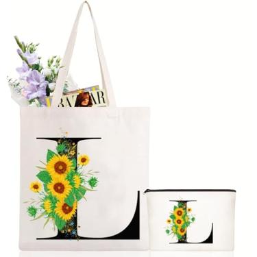 Imagem de Andeiltech Sacola de lona inicial com letra de girassol bolsa de maquiagem personalizada presente com monograma para damas de honra aniversário casamento, Letra de girassol - l, One Size