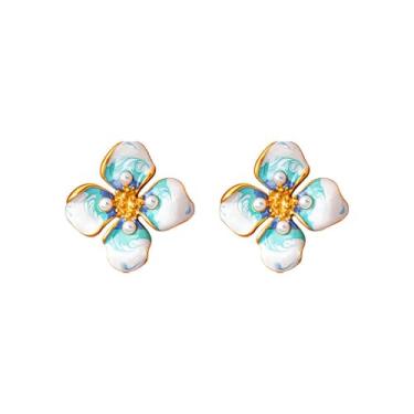Imagem de Unurgoonit Brincos de flor banhados a ouro 14K com design de esmalte azul, brincos leves para mulheres, joias florais elegantes, Metal, Sem pedra preciosa
