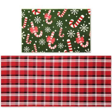 Imagem de Maasechs 2 capacho de Natal bengala doce 61 x 138 cm vermelho branco búfalo xadrez tapete externo e 45,7 cm x 71 cm capacho de boas-vindas tapete antiderrapante para entrada externa