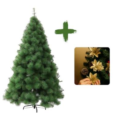 Imagem de Árvore de Natal Pinheiro Agulha Premium Luxuoso de 1.5 Metros Altura e Galhos Cheios Realistas, Acompanha Flores Douradas Luxuosas, Base Metálica, Decoração natalina para Casas Empresas