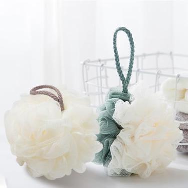 Imagem de Esponja de bucha, bucha de banho, esponja de banho esfoliante, dois painéis de cores, cuidados essenciais para a pele do chuveiro.