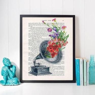 Imagem de Quadro Decorativo Gramofone Com Flores 45X34Cm - Quadros On-Line