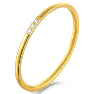 Imagem de munone Anel de aliança empilhável de zircônia cúbica fina de 1 mm para mulheres e homens, anel de titânio banhado a ouro 14 k com ajuste confortável, 6, Metal, Zircão