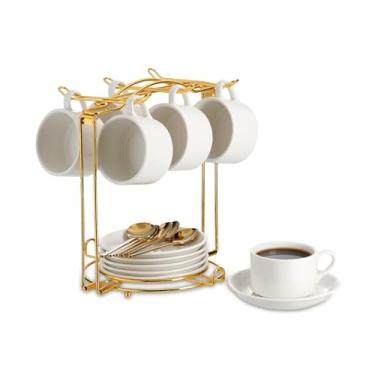 Imagem de YOLIFE Conjunto de 6 xícaras de café expresso com colheres douradas e suporte dobrável, conjunto de xícara de café e pires brancos de 70 g para cappuccino, latte, americano, chá, bebidas quentes