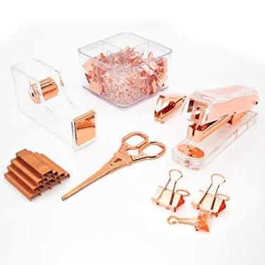 Imagem de Gutyble Conjunto de materiais de escritório Rosegold. O pacote contém grampeador, dispensador de fita, removedor de grampos, tesouras, clipes de papel, grampos de pressão e 1000 peças de grampos de acrílico